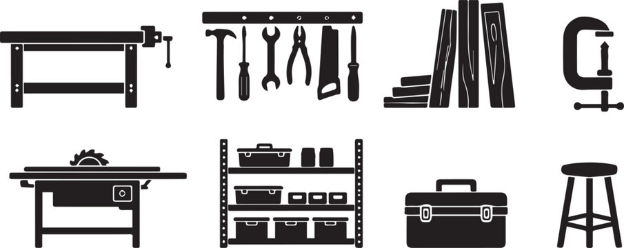 Workshop and Woodworking Elements Set Tools Workbench Storage and Equipment Collection