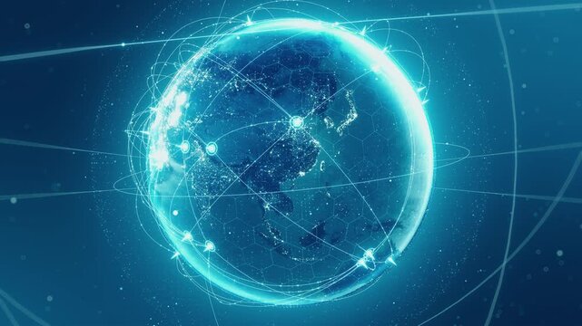 Technology earth connection, global communication network, a glow blue Earth is covered with digital connection lines and nodes, set against a starry space background, representing a global network.