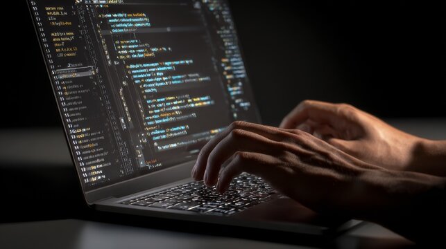 Hands typing on a laptop with lines of code displayed on the screen. Dim lighting against a dark background