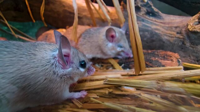 Close up of an asian weed mouse sitting on the ground with other mice and grooming it self