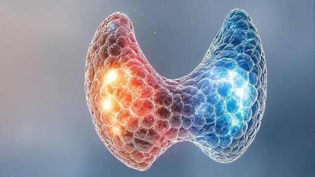 Thyroid gland anatomy showing hormone imbalance with glowing red and blue cells representing t3 and t4 hormones affecting body metabolism health medical biology endocrine system regulation detailed