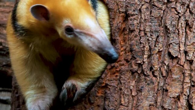 Close up of a small ant eater moving around a tree on. a cloudy spring day 