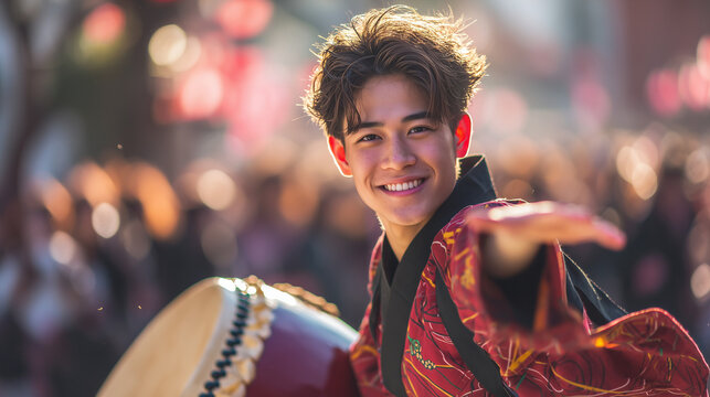 Sansa Odori festival dancer performs energetic dance moves with taiko drum