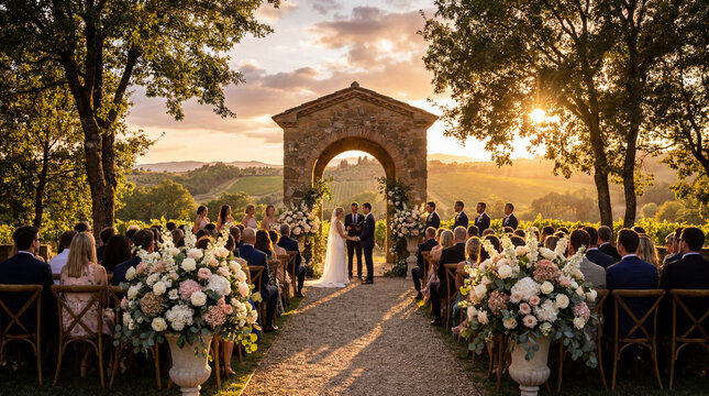 Wedding ceremony at sunset with guests seated on either side of aisle leading to stone archway in a lush outdoor setting