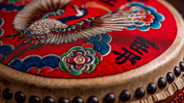 Close-up of a vibrant red Sansa Odori drum with intricate peacock design
