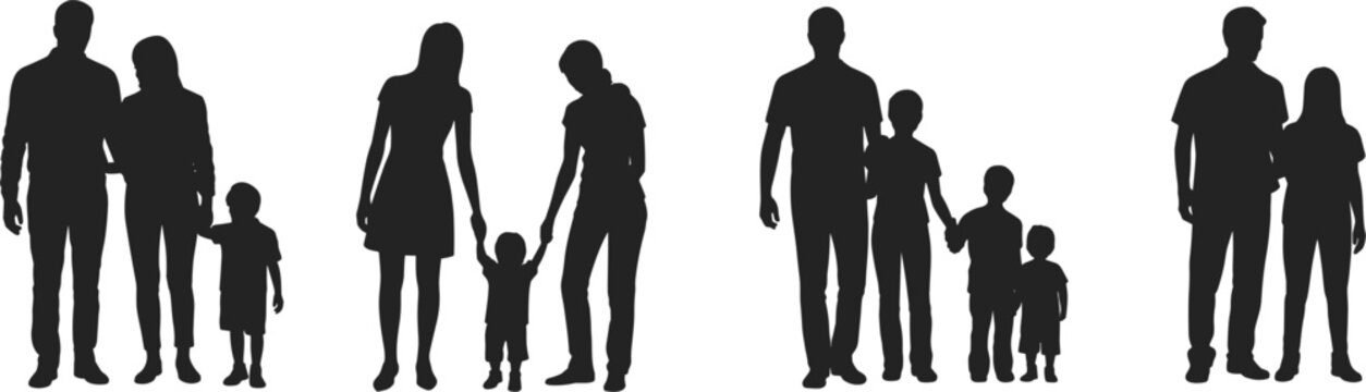Silhouettes of four families with children standing together on a white background Keywords: silhouette, family, people, group, parents, children, kids, together