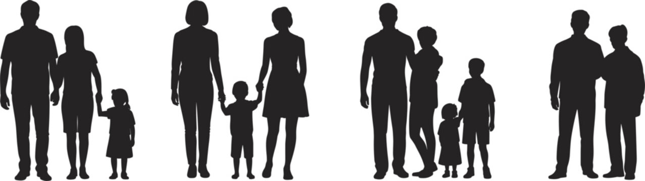 Silhouettes of four families with children standing together on a white background Keywords: silhouette, family, people, group, parents, children, kids, together