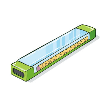 Green and blue harmonica musical instrument illustration with metallic reeds and holes for playing