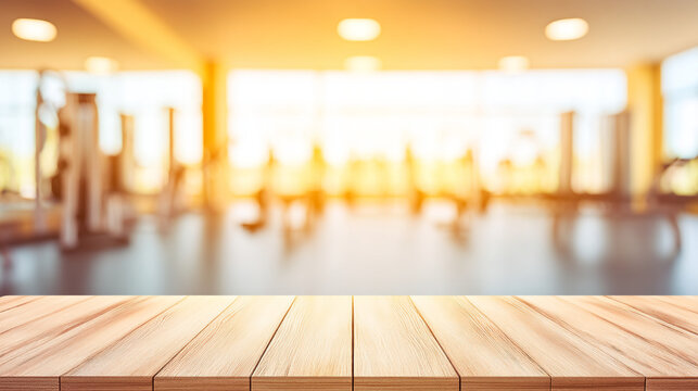 Empty wooden table in a brightly lit gym with exercise machines in the background
