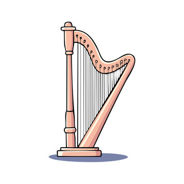 Elegant wooden harp with many strings musical instrument illustration