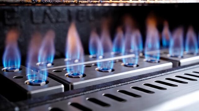 Close up of blue gas flames burning on a kitchen stove burner.