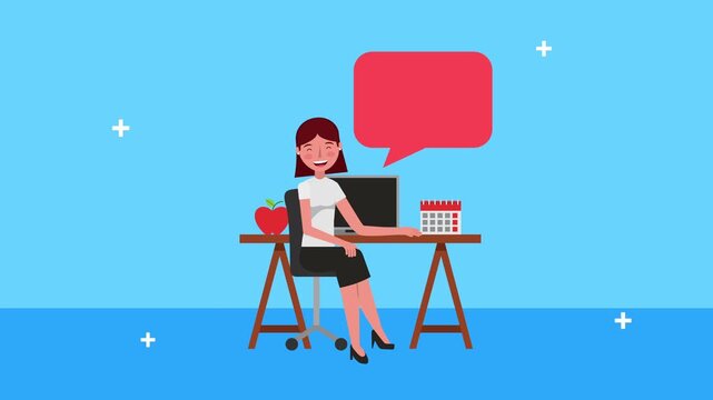 Young female teacher using laptop at desk with speech bubble and calendar animation.