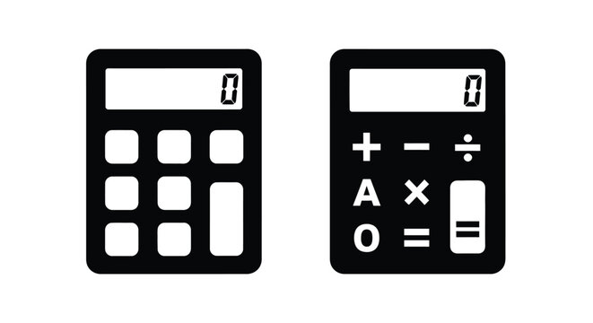 Calculator icon set featuring classic numeric keypad design in outline and solid black style isolated on white background for finance and business websites.