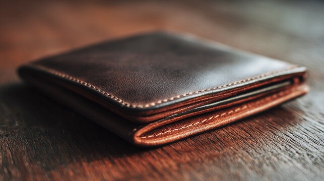 Empty Leather Wallet Lying Flat on Wooden Surface in Macro Shot