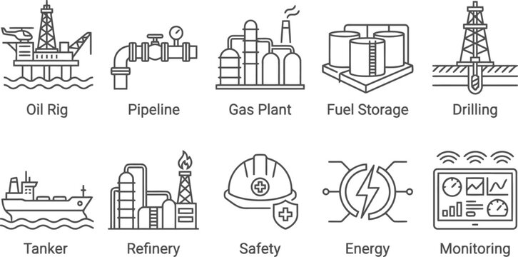 Industrial Energy Icons: Oil Rig, Pipeline, Gas Plant, Fuel Storage, Drilling, Tanker, Refinery, Safety, Energy, Monitoring
