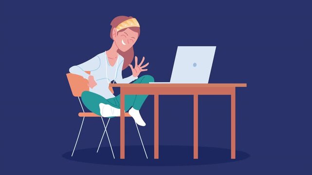 Woman sitting on chair with laptop computer animation of female character in home office working on desk.