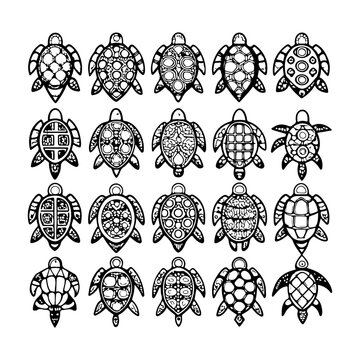 Collection of artistic turtle illustrations with detailed shell patterns