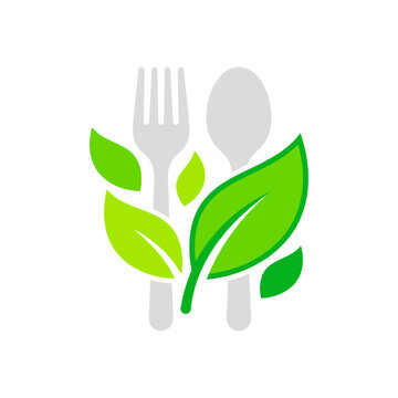 Flat Vector Illustration of Fork and Spoon with Leaves