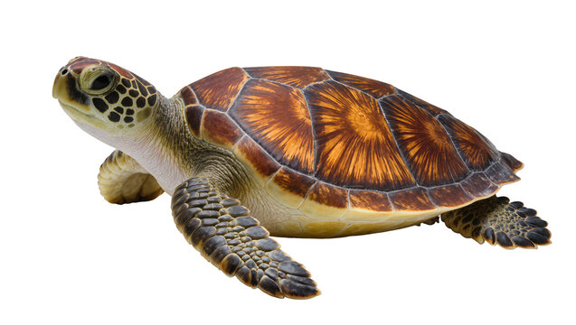 Greenish brown Sea Turtle with patterned shell swimming sideways