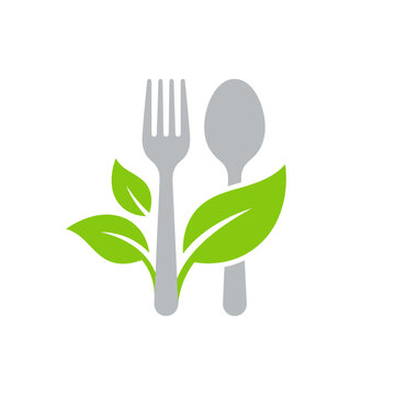 Flat Vector Illustration of Fork and Spoon with Leaves