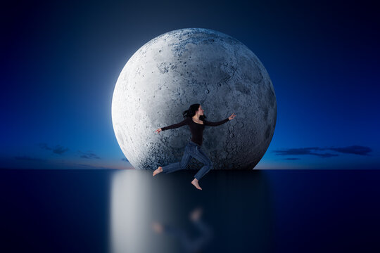 Woman running across reflective surface beneath giant 3D moon in surreal landscape