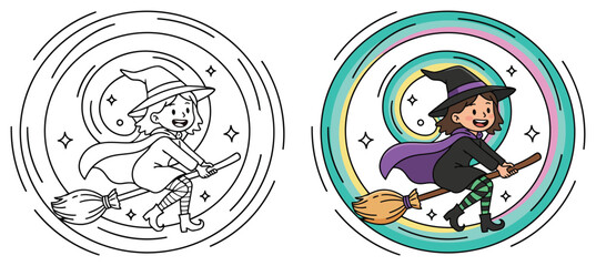 Fototapeta premium Witch girl flies on her magic broomstick through a starry sky to create a fun Halloween coloring page