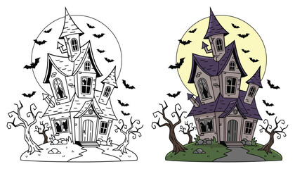 Haunted mansion stands under a moon with flying bats and spooky trees for a fun Halloween coloring page © Crafter