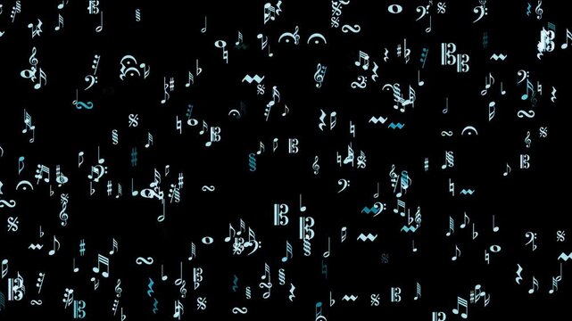 Musical Notes and Symbols Falling on Black Background - Motion Graphics