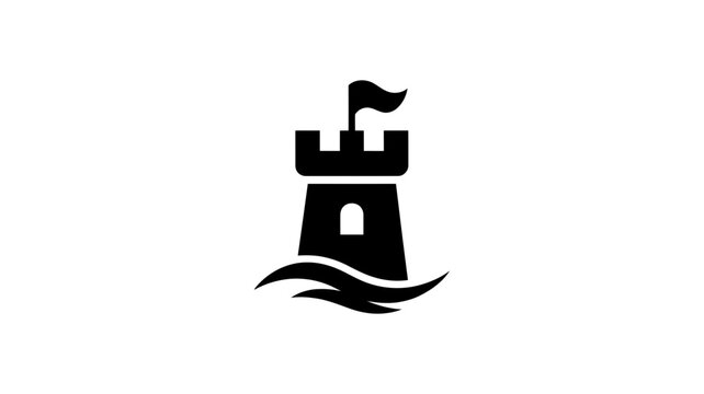 Minimalist icon of a medieval stone castle tower on waves with fortress medieval building architecture