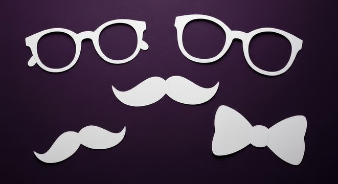 Classic men's accessories silhouette set: white glasses, mustaches, bow ties on dark background bowtie