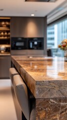 Fototapeta premium Modern chair near marble kitchen island at home, stylish interior, minimal lifestyle, elegant design.
