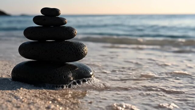 Zen stone stack balanced on sandy beach shore with ocean waves.