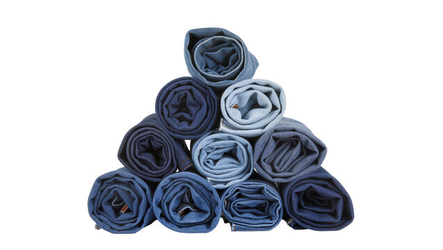 Rolled denim jeans pile stacked in a pyramid shape