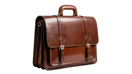 Brown leather briefcase with shoulder strap and buckles © Solene