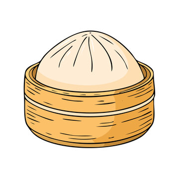 Traditional Chinese soup dumpling served in bamboo steamer basket illustration
