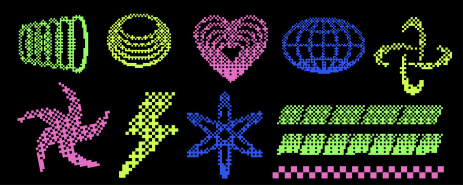 Y2K pixel halftone geometric elements set with spiral rings, heart shapes, lightning bolts and retro futuristic digital symbols on dark background