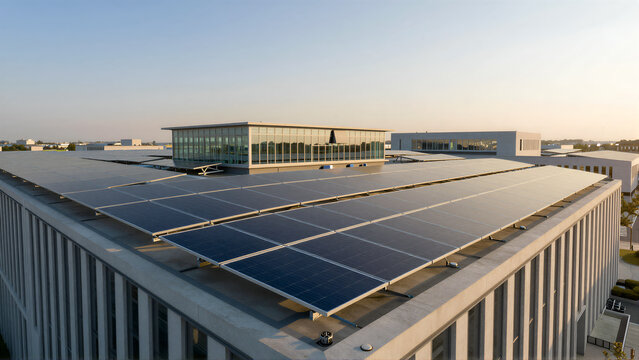 Renewable Energy Future: Solar Panel Array on Modern Corporate Rooftop