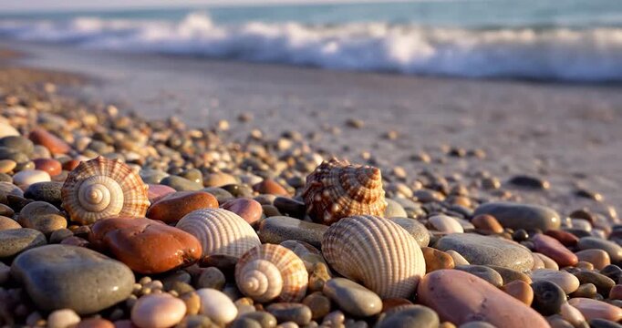 Sea Shells Resting On A Pebble Beach With Ocean Waves At Sunset