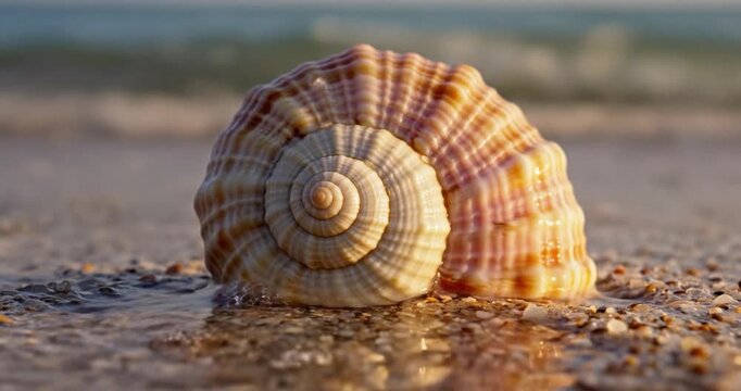 Seashell resting on a sandy beach shore while waves wash over it