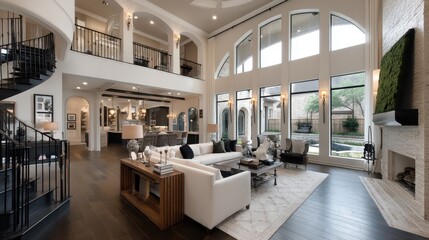 Naklejka premium Bright spacious living room with large windows and fireplace at home, cozy lifestyle, comfort living, modern interior.