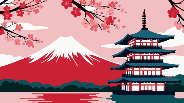 Mount fuji and japanese pagoda illustration minimalist style