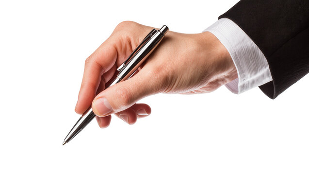 Man s hand holding silver pen over white surface in black suit
