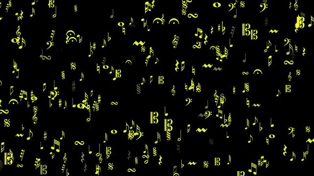 Yellow Musical Notes and Symbols Falling on Black Background - Motion Graphics