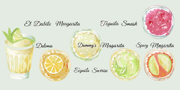 watercolor style lineup of 7 tequila based drinks