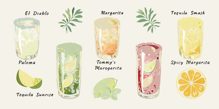 watercolor style lineup of tequila based drinks