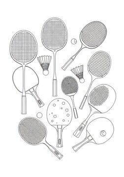 Assorted vintage tennis rackets and shuttlecock collection illustration