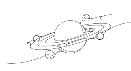 Minimalist Saturn planet drawing with rings and moons, single line art © Akun