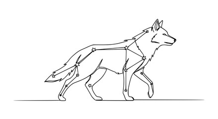 Wolf constellation drawing, outline of a wolf with stars and lines, abstract animal art © Akun