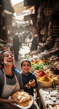 Joyful mother and son selling bread and spices in a traditional Moroccan market souk.