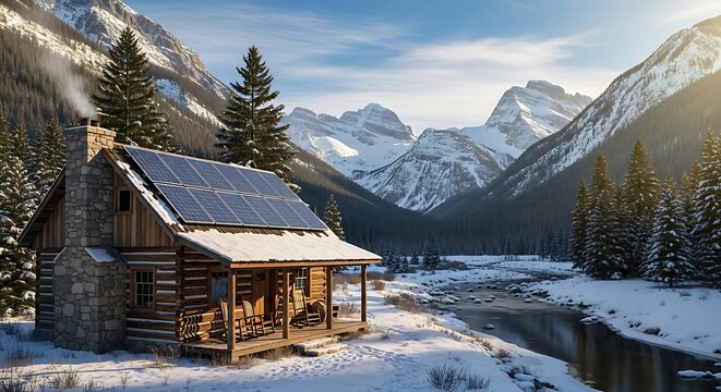 Rustic Solar Powered Cabin Standing in Snowy Mountain Valley